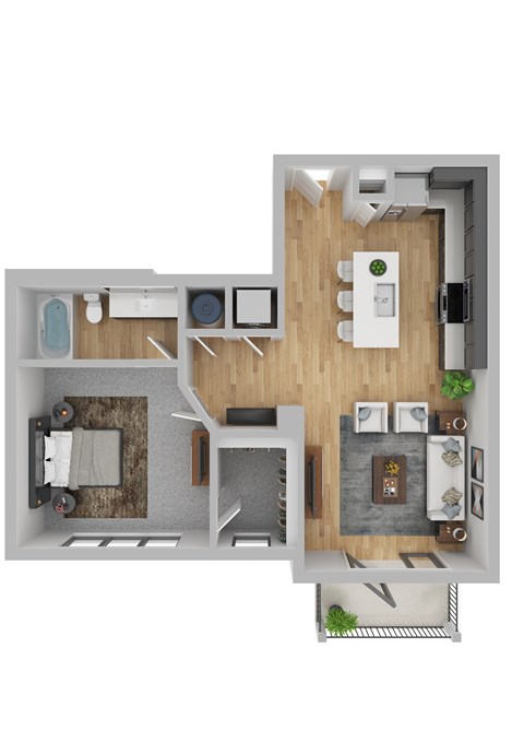 A top down view of a small apartment with a kitchen, living room, and bathroom.
